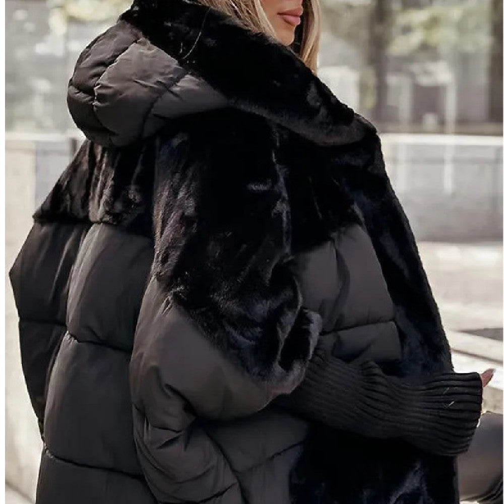 Abrigo con capucha de patchwork de piel sintética Loom & Soul™ – Chaqueta de invierno de algodón holgada para mujer, para una comodidad y calidez elegantes
