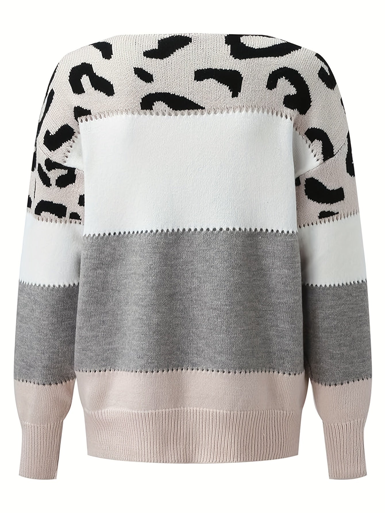 Suéter de mujer con retales de leopardo – Jersey de punto rosa y blanco con cuello redondo