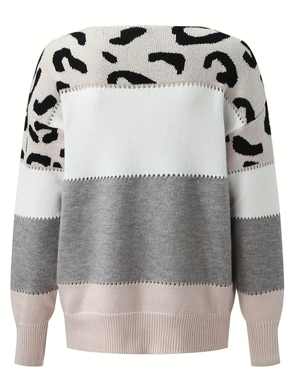 Suéter de mujer con retales de leopardo – Jersey de punto rosa y blanco con cuello redondo
