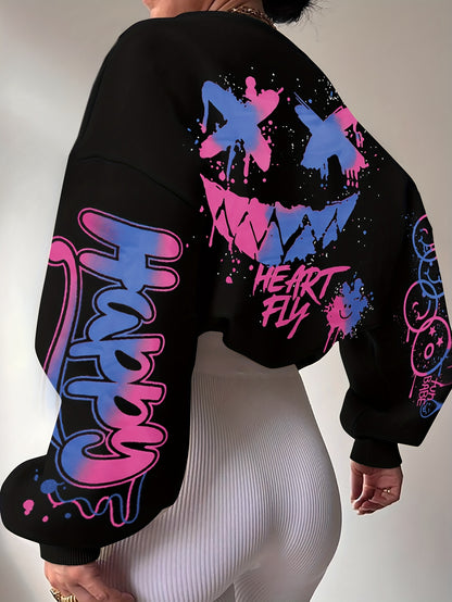 Sudadera con letras de grafiti para mujer – Jersey artístico negro para otoño/invierno