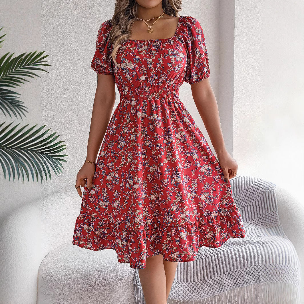 Loom & Soul™ Vestido Floral con Volantes – Vestido de Verano de Manga Corta con Cuello Cuadrado para Mujer