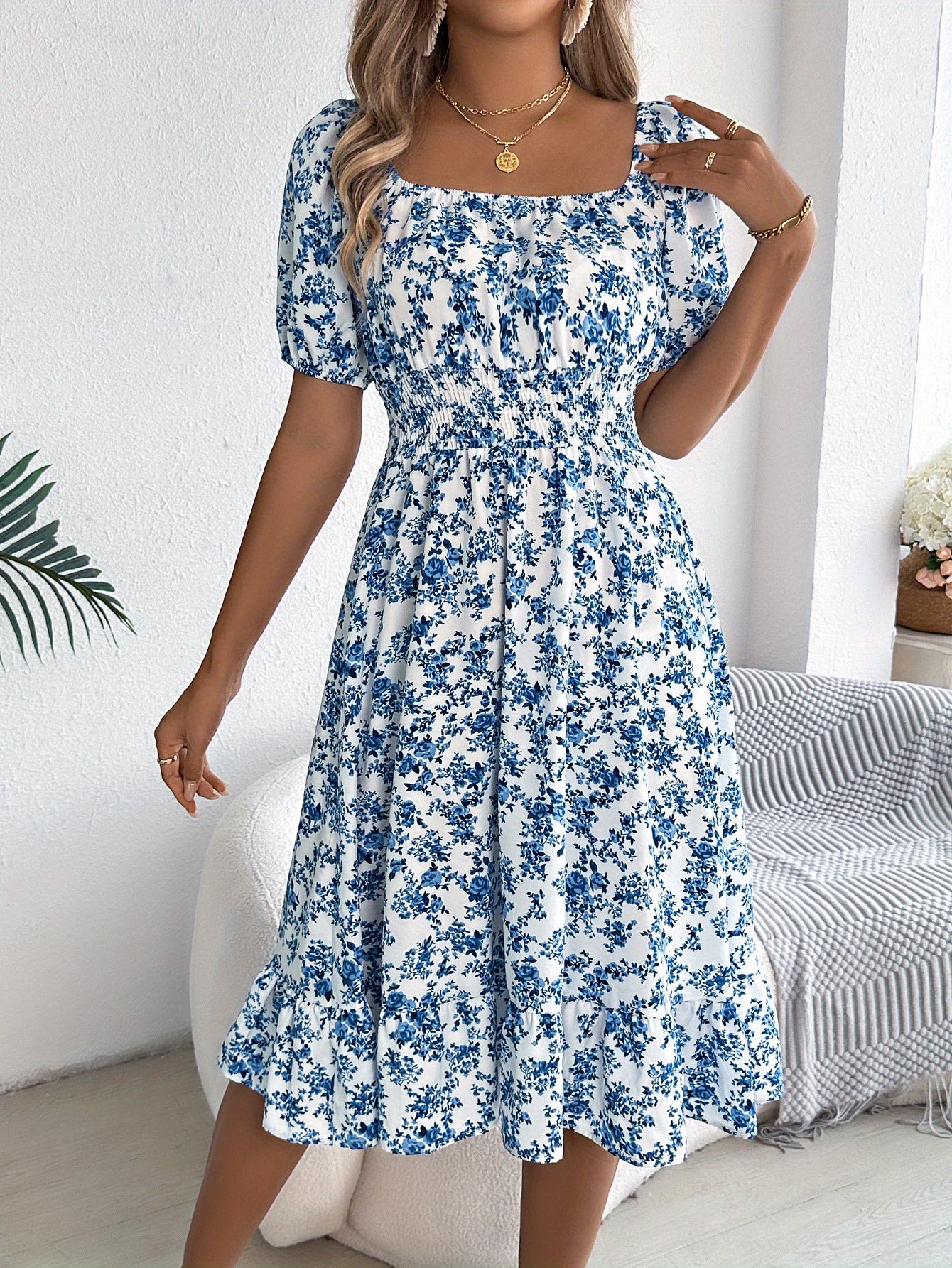 Vestido con escote cuadrado, manga abullonada y corte en A – Elegante vestido floral de primavera y verano