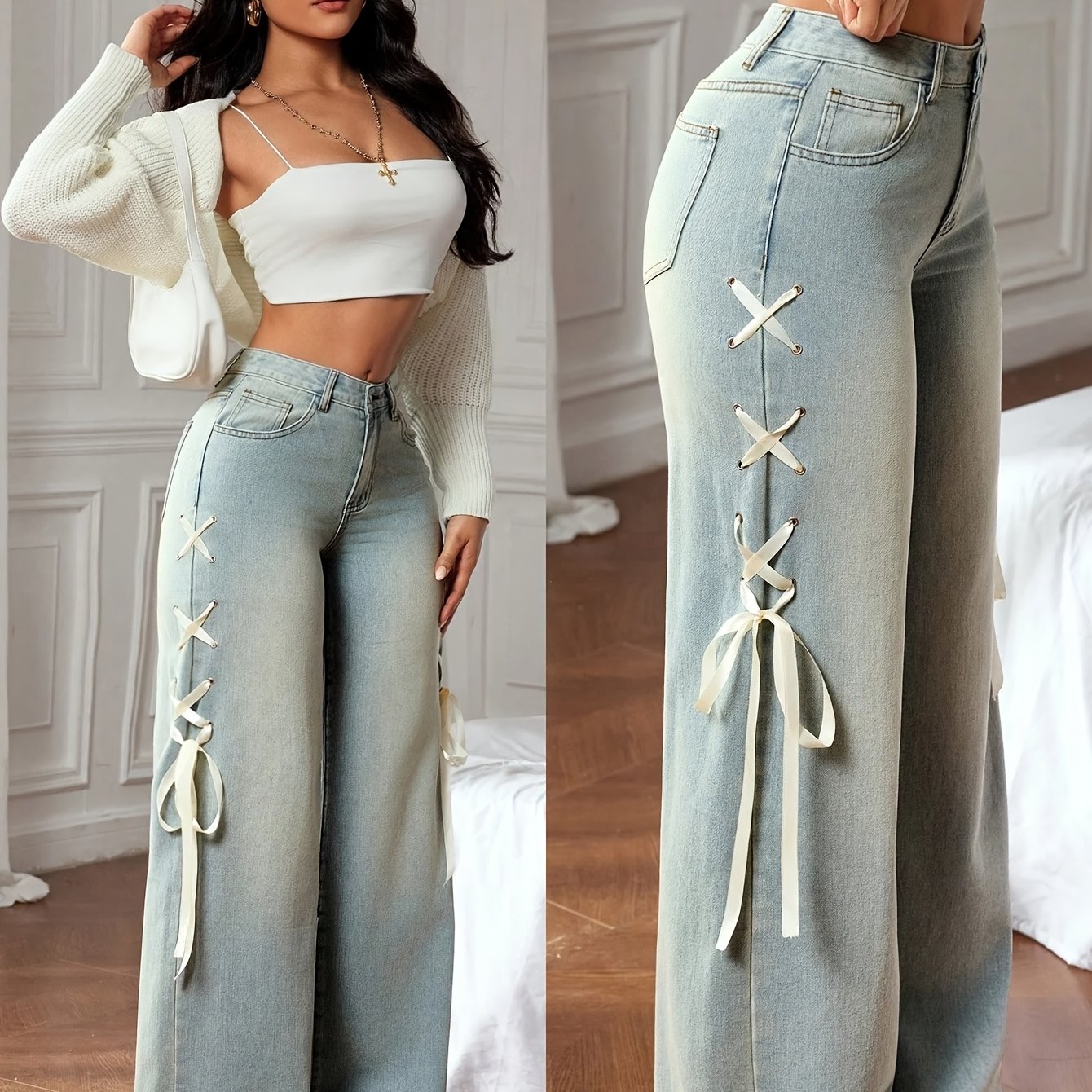 Women’s Bow-Tie Straight Jeans – High Waist Relaxed Wide-Leg Denim