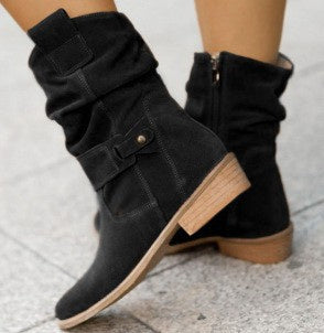 Botas de pantorrilla media con puntera puntiaguda para mujer de Loom & Soul – Botas vaqueras de gamuza a la moda con cremallera y tacón cuadrado