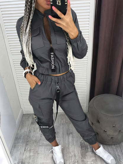 Conjunto de dos piezas con cremallera y diseño direccional – Ropa urbana informal para mujer