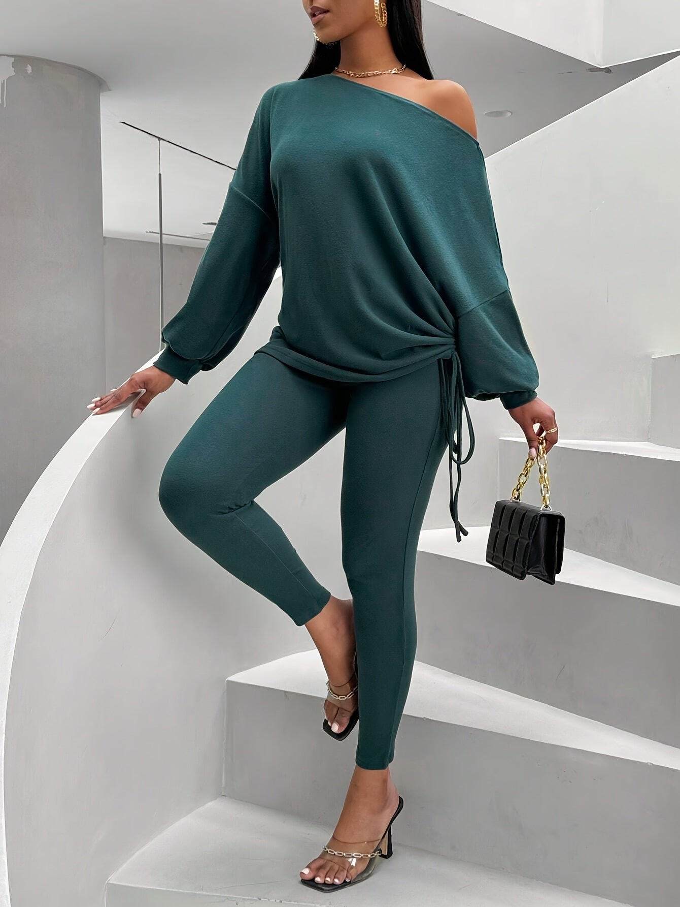 Conjunto de 2 piezas para mujer de un solo hombro – Top de manga farol y leggings ajustados