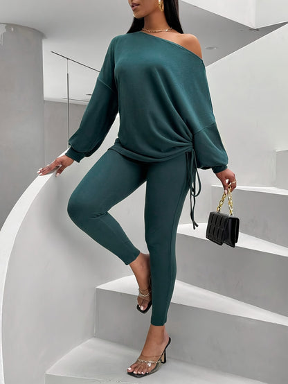 Conjunto de 2 piezas para mujer de un solo hombro – Top de manga farol y leggings ajustados