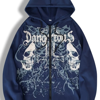 Chaqueta con capucha estampada de calaveras para hombre – Sudadera casual con cremallera para otoño/invierno