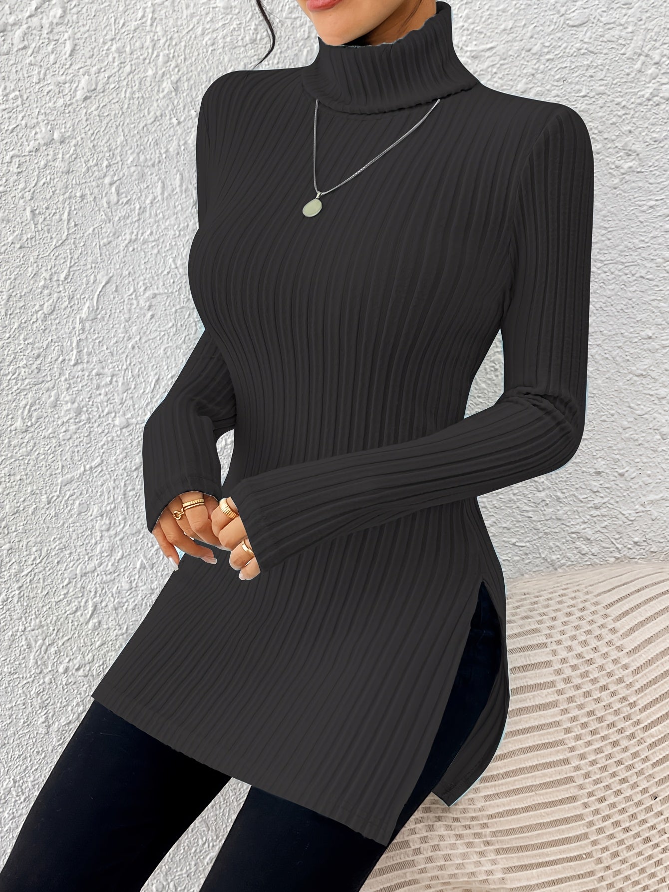 Top de cuello alto elegante para mujer – Tejido suave de manga larga y cuello alto