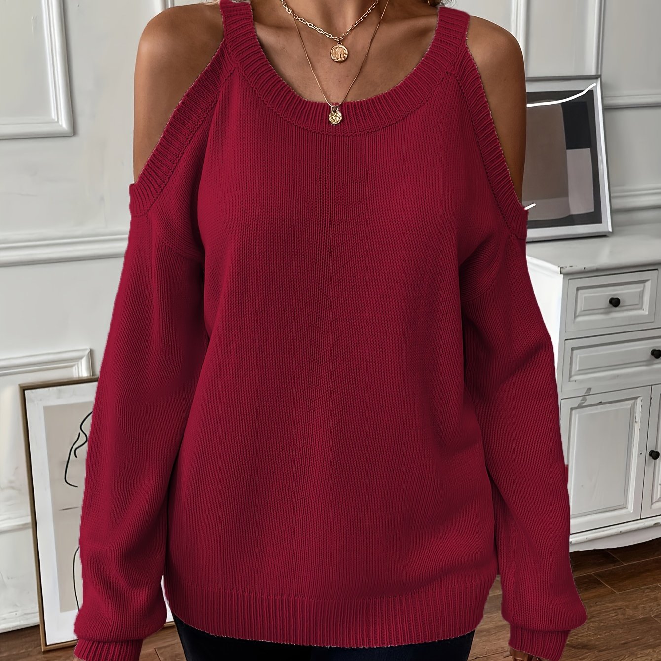 Suéter de punto suave para otoño/invierno con cuello redondo elegante para mujer