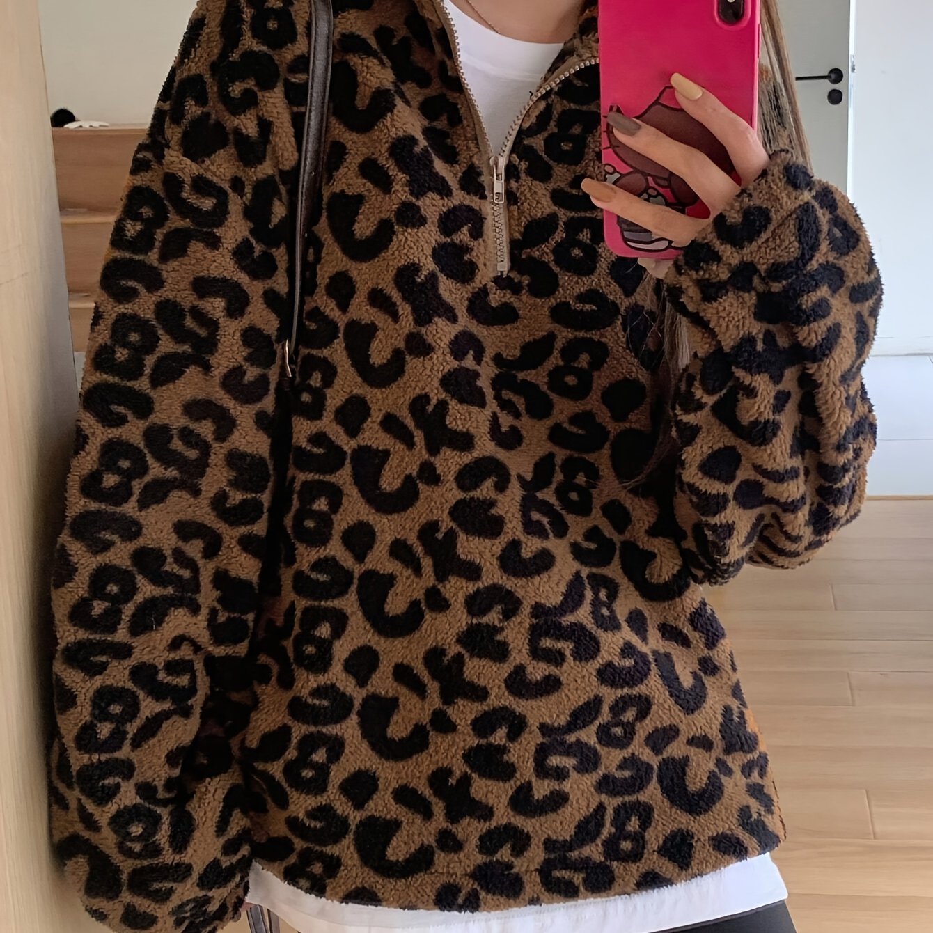 Sudadera con capucha elegante de felpa con estampado de leopardo – Chaqueta con cremallera forrada de forro polar suave