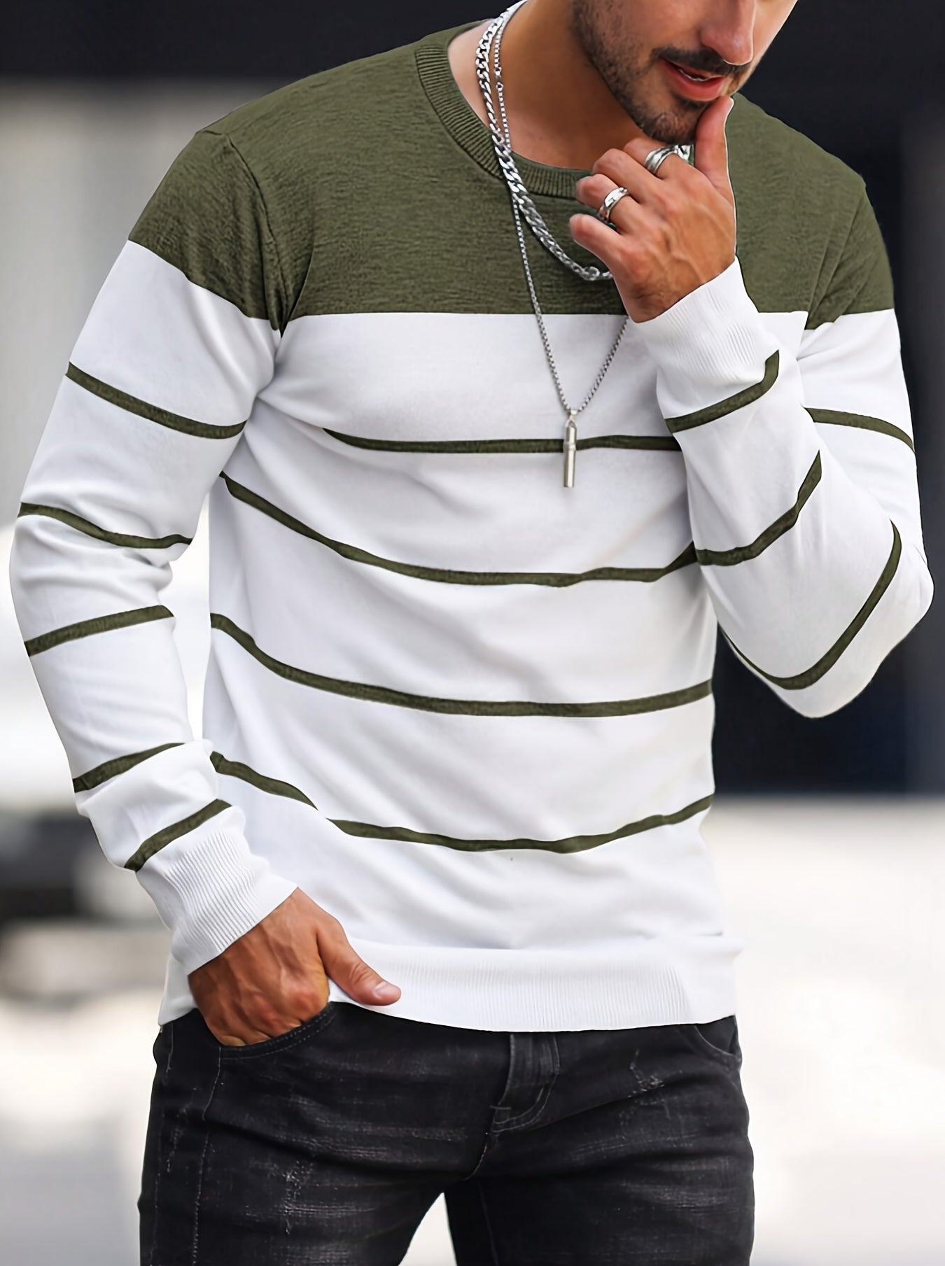 Suéter de punto a rayas azul marino para hombre – Sudadera informal de cuello redondo
