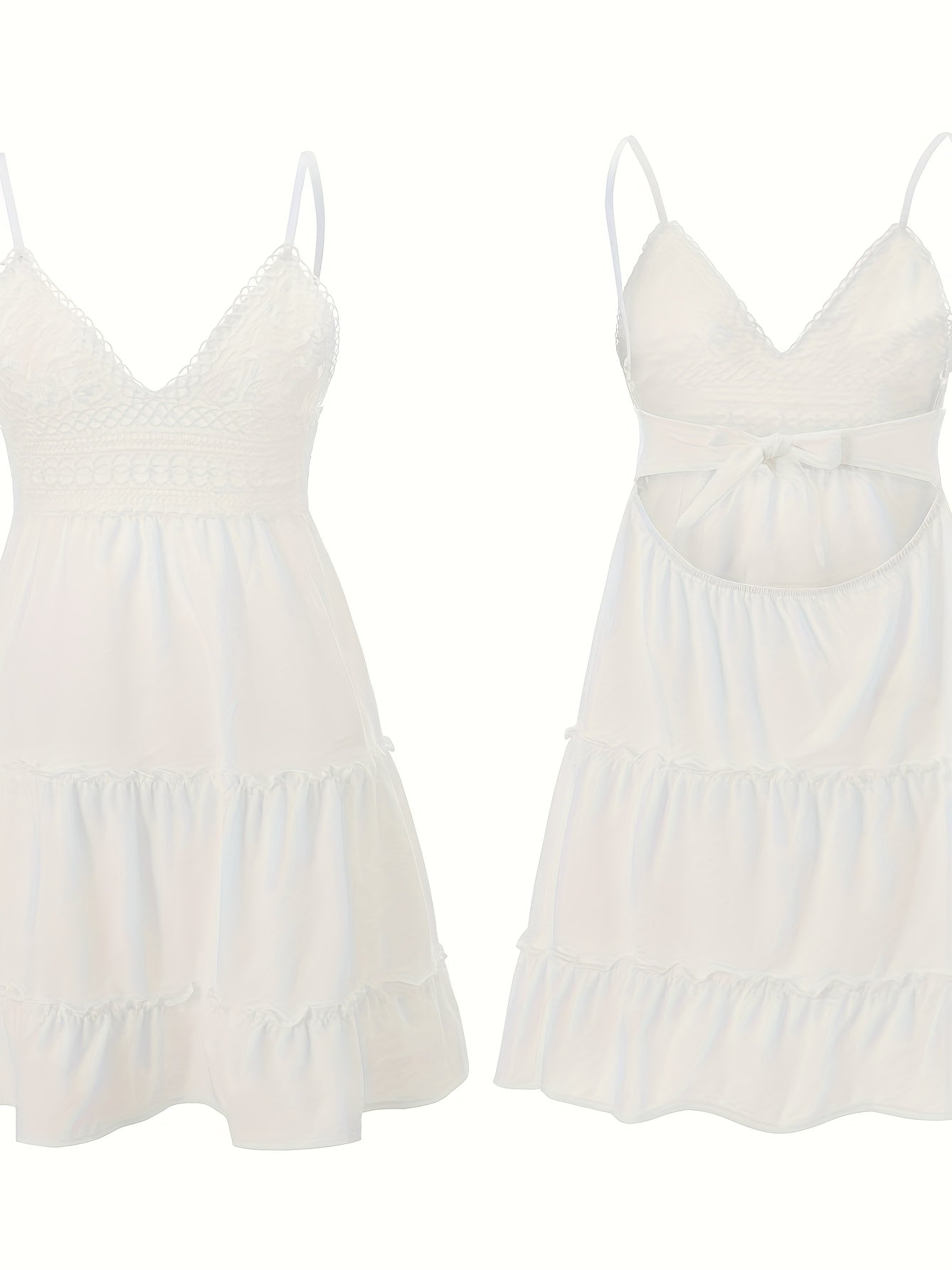 Vestido mini de tirantes finos de encaje blanco con elegante lazo en la espalda
