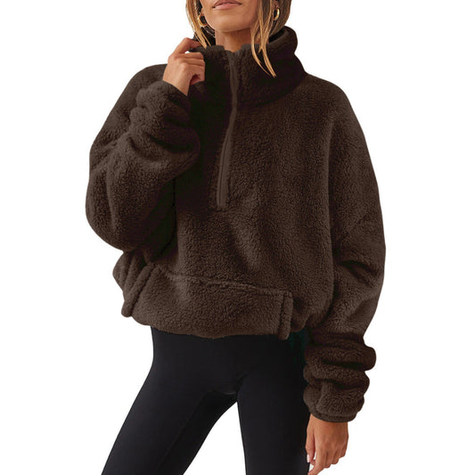 Suéter de medio cierre de polar de terciopelo para mujer – Sudadera de invierno con cuello alto