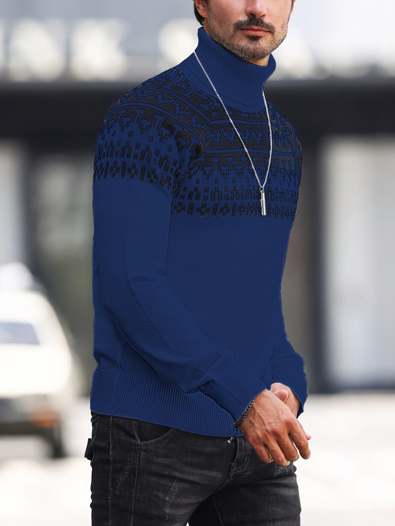 Men’s Geometric Turtleneck Sweater – Casual Knit Pullover for Fall & Winter
