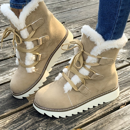 Bottes d'hiver élégantes à lacets pour femme – Chaussures chaudes mi-mollet en fausse fourrure pelucheuse