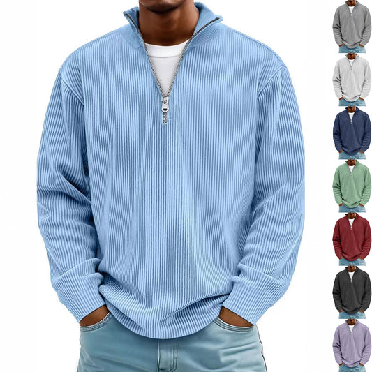 Sudadera de pana para hombre con cremallera y cuello alto – Top informal de manga larga