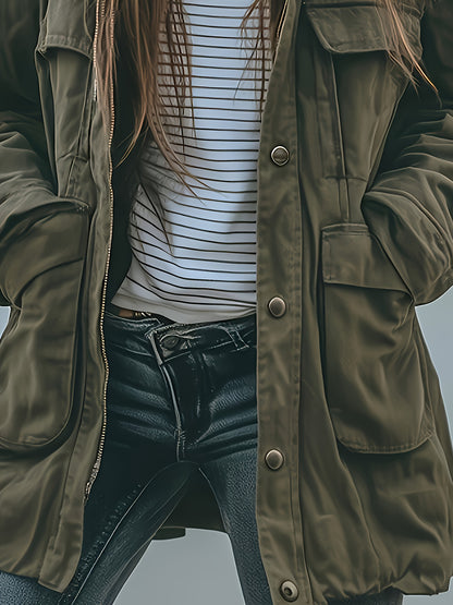 Chaqueta con capucha para mujer de alta resistencia en color verde oliva – Abrigo de trabajo grueso para todas las estaciones