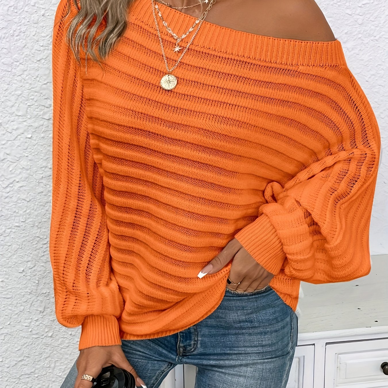 Blusa de talla grande con hombros descubiertos – Blusa informal de manga murciélago acanalada