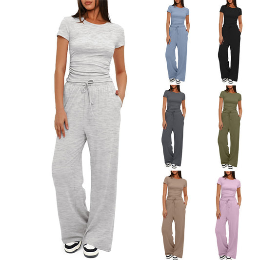 Loom & Soul™ Conjunto de Yoga de 2 Piezas de Color Liso – Top de Manga Corta y Pantalones de Talle Alto y Pierna Ancha para Mujer