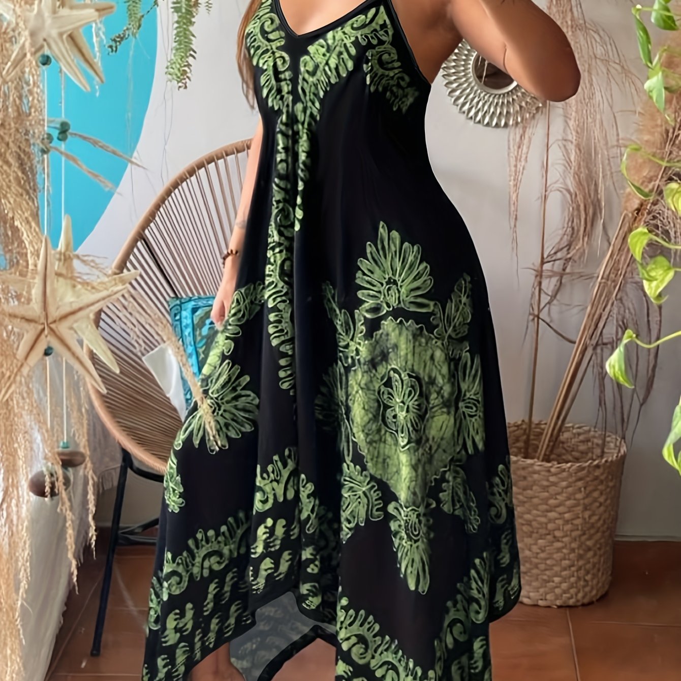 Bohemian Floral Maxi Dress – V-Neck Spaghetti Strap Summer Dress