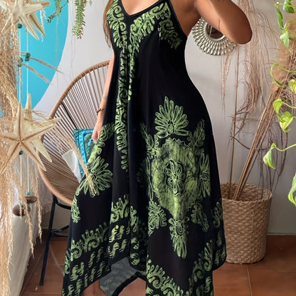 Bohemian Floral Maxi Dress – V-Neck Spaghetti Strap Summer Dress
