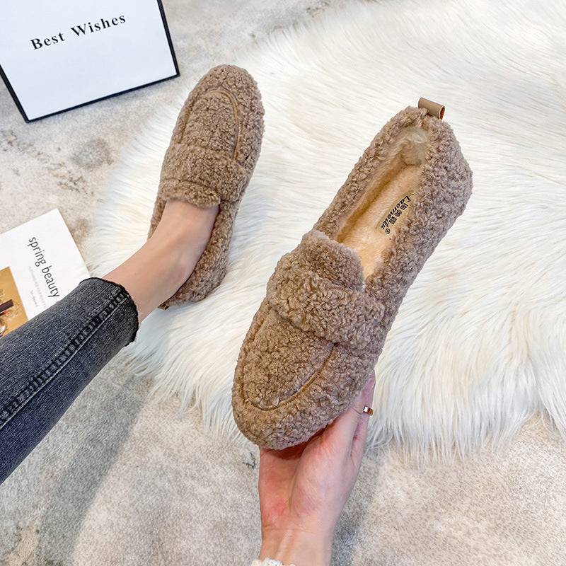 Mocasines planos de felpa de invierno Loom & Soul para mujer – Mocasines de lana de cordero cálidos sin cordones con forro suave y tacón plano