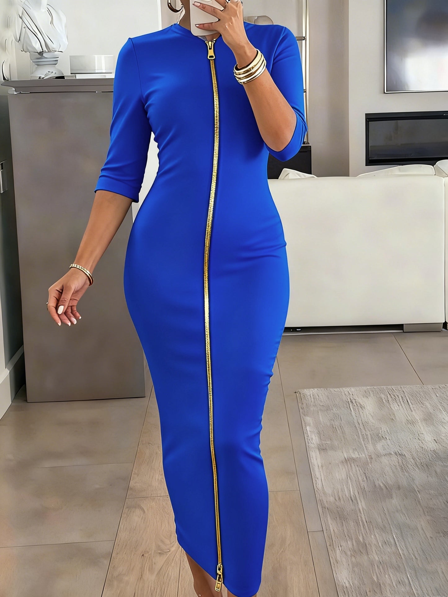 Vestido midi ajustado con cuello barco – Vestido elegante de manga corta con corte entallado