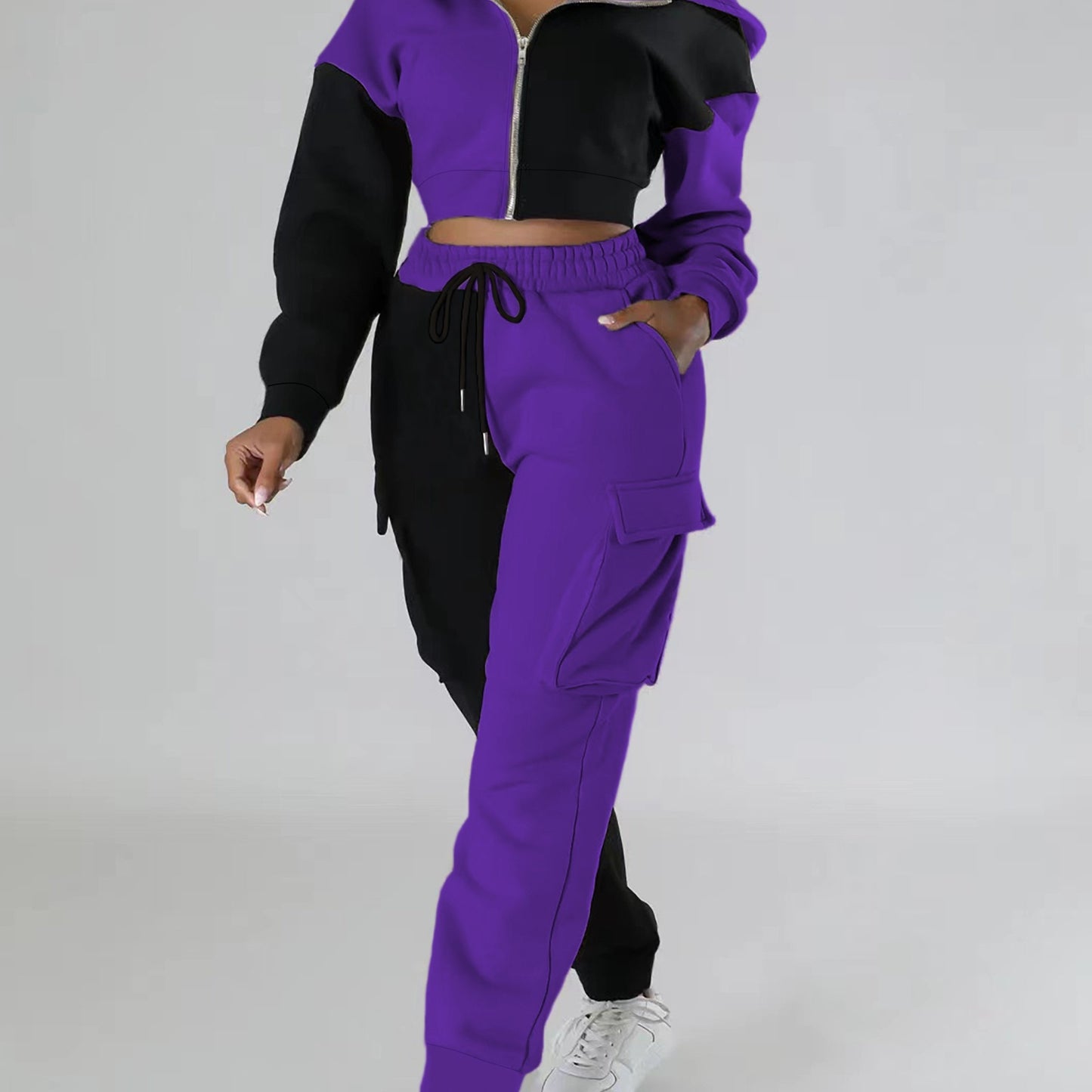 Colorblock Hooded Jacket & Cargo Pants Set – Women’s Zip-Up Two-Piece