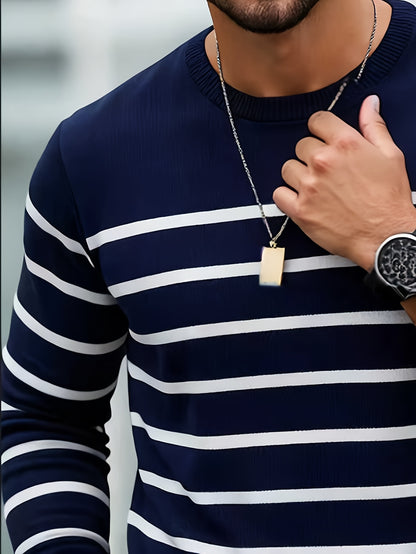 Suéter de punto a rayas para hombre – Jersey informal con cuello redondo estilo urbano