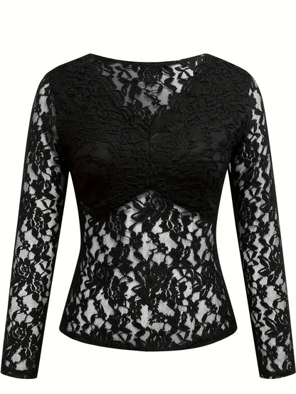 Women’s Sheer Lace V-Neck Top – Elegant Floral Long Sleeve Blouse