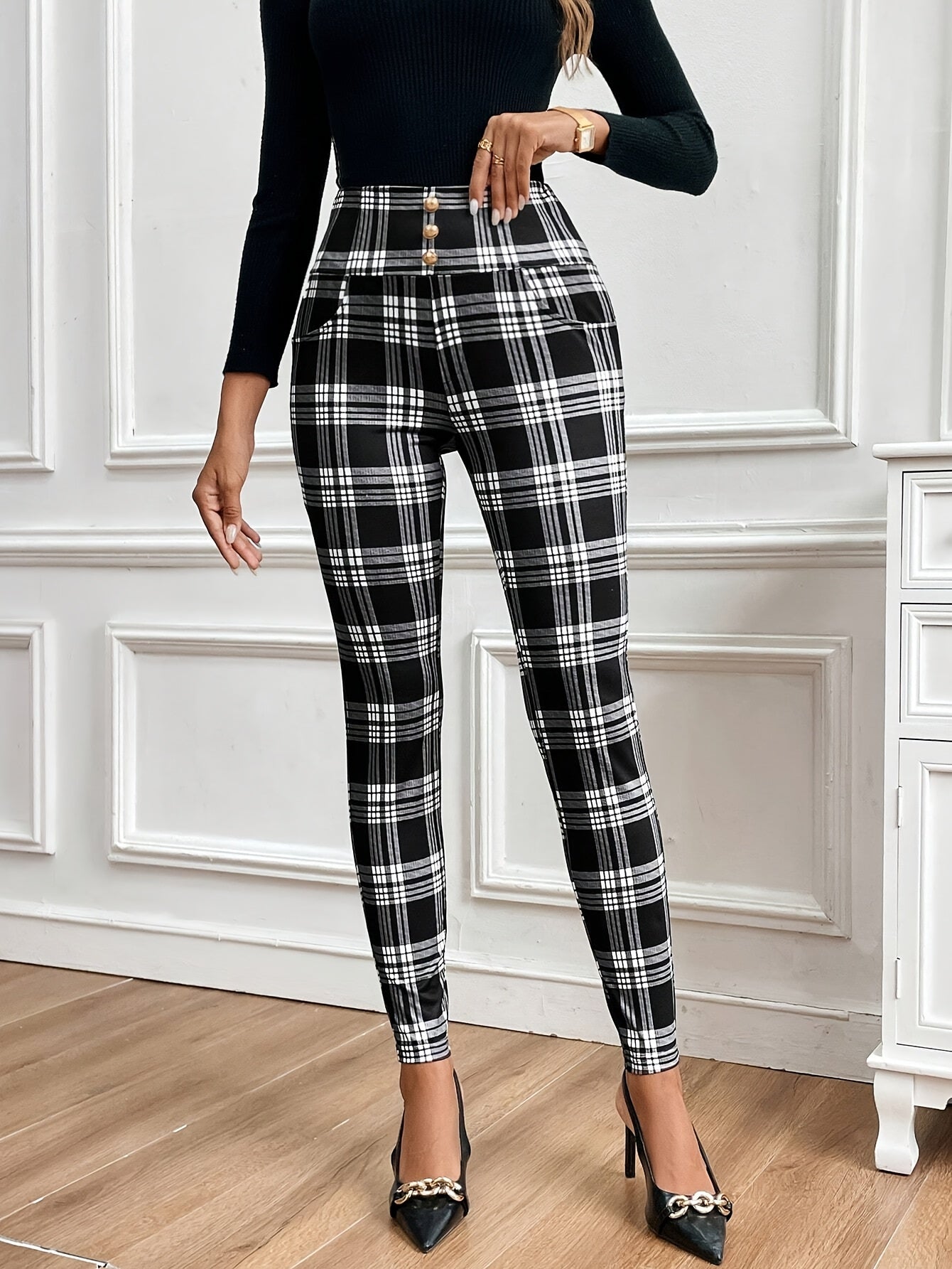 Pantalones entallados de cuadros de talle alto para mujer – Elegantes pantalones a cuadros