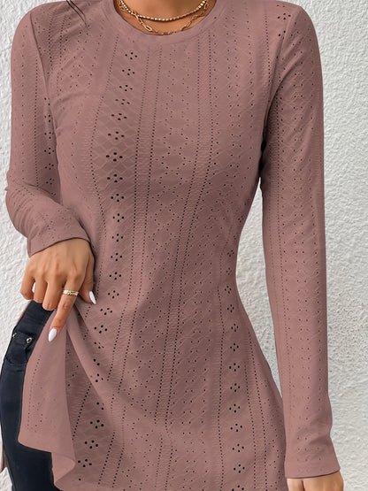 Elegante Top de Manga Larga con Bajo Hendido – Camiseta de Ojal de Cuello Redondo