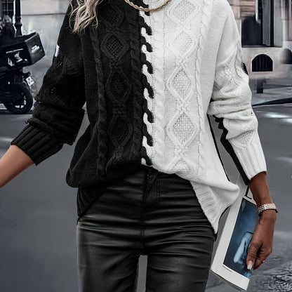 Blusa Elegante de Rayas con Cuello Alto – Top de Manga Larga de Punto Color Block
