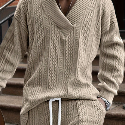 Suéter de punto con cuello en V para hombre – Jersey casual de jacquard acanalado