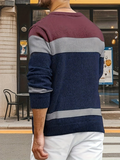 Suéter de punto trenzado color block para hombre – Suéter suave de cuello redondo