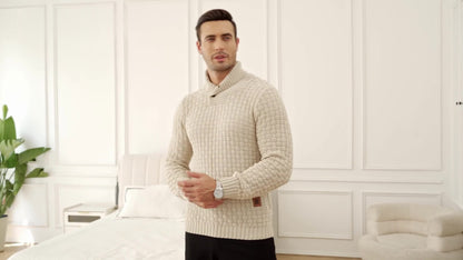 Men’s Waffle Knit Sweater – High Stretch Pullover with Lapel Collar