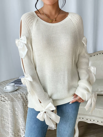 Bow-Knot Hollow Sleeve Sweater – Elegant Crew Neck Women’s Knit Top