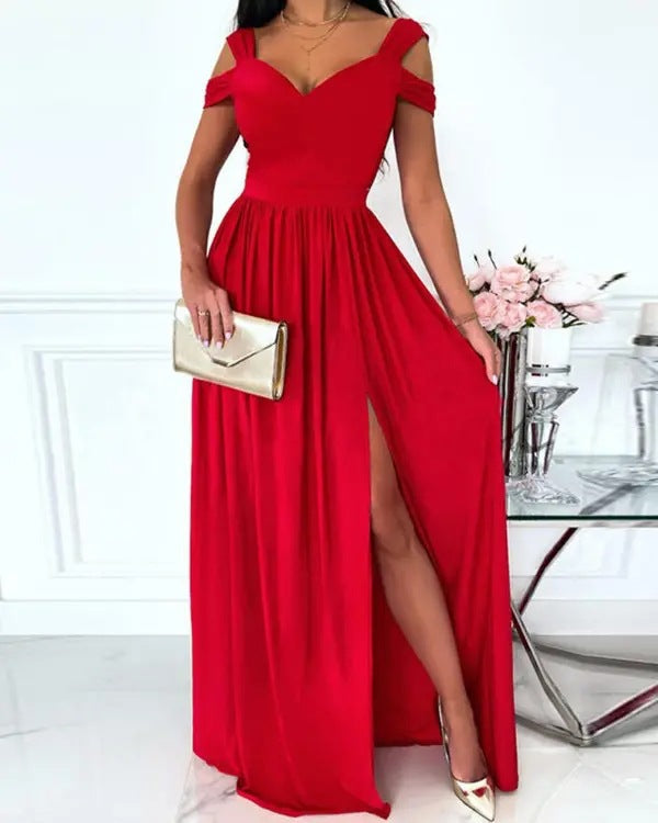 Maxivestido bohemio con cuello en V y tirantes finos – Vestido playero vaporoso con abertura lateral