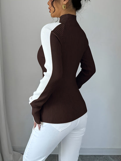 Suéter de cuello alto color block para mujer - Blusa elegante de punto suave