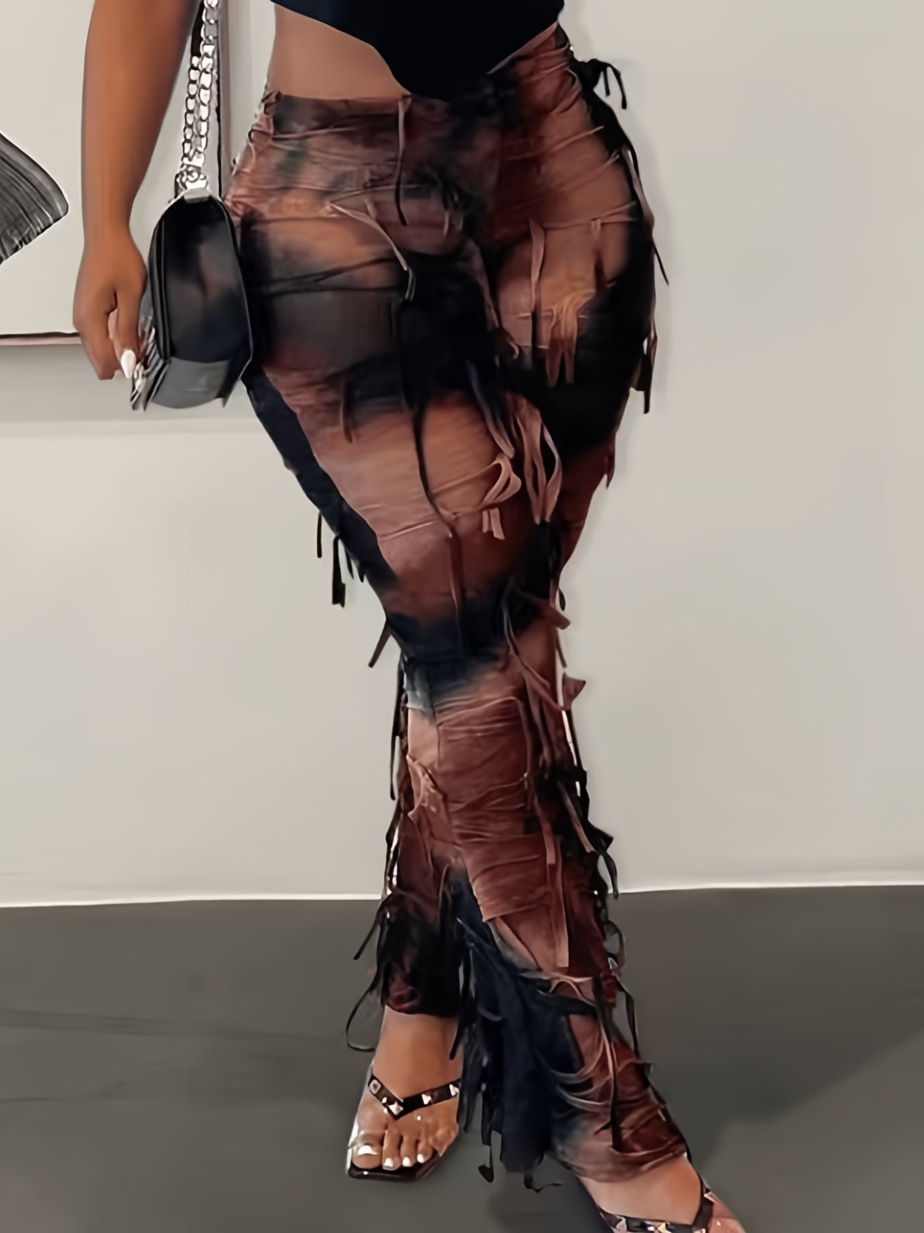 Tie-Dye Mesh Flare Pants – High-Waisted Fringe Detail Semi-Sheer Trousers