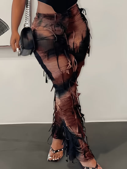 Tie-Dye Mesh Flare Pants – High-Waisted Fringe Detail Semi-Sheer Trousers