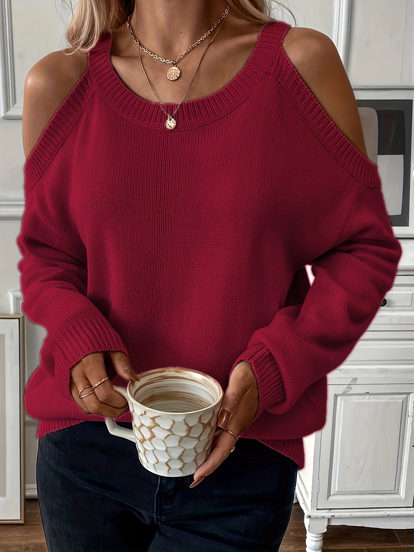 Suéter de punto suave para otoño/invierno con cuello redondo elegante para mujer