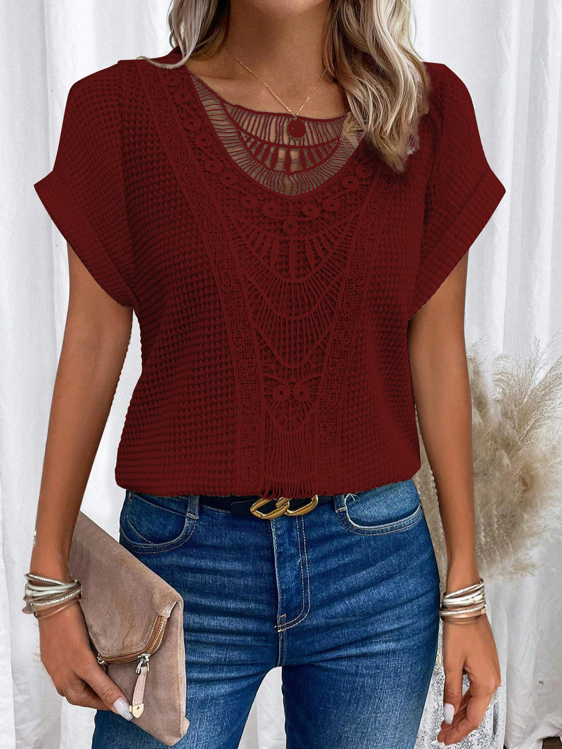 T-shirt ajouré Loom & Soul™ Summer – Haut à manches courtes style ethnique pour femme