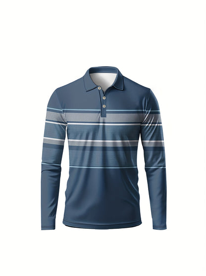 Polo de manga larga a rayas azules y blancas para hombre – Estilo casual y preppy