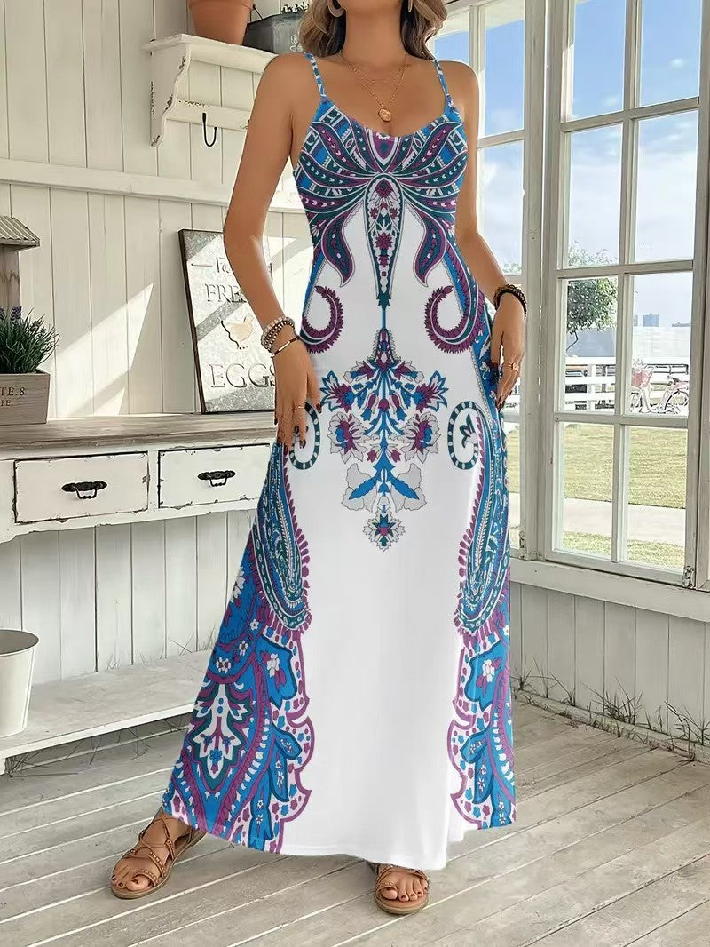 Vestido maxi estampado sin mangas con cuello en V – Vestido retro artístico con tirantes