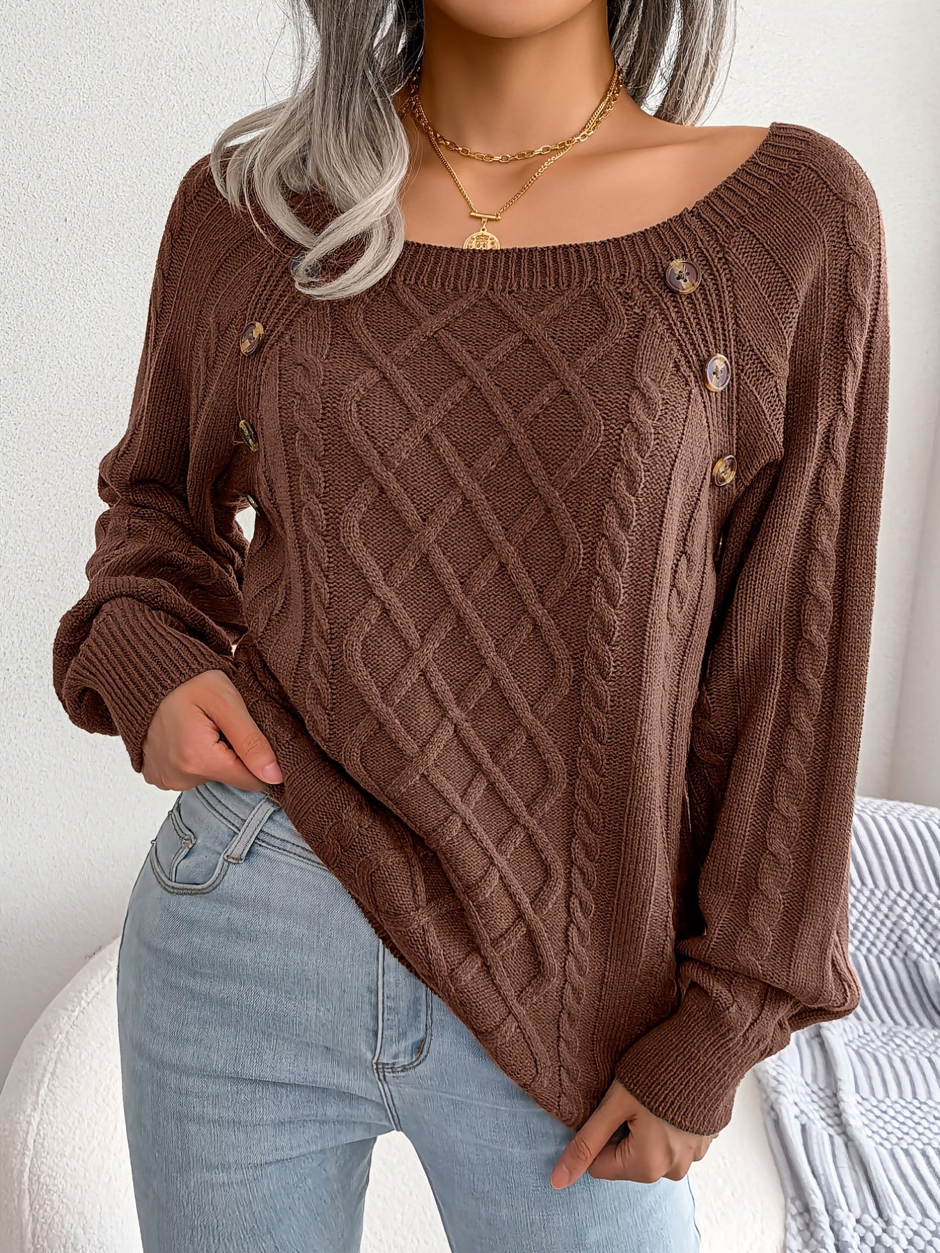 Jersey texturizado de mujer con manga farol – Top de punto con detalles de botones