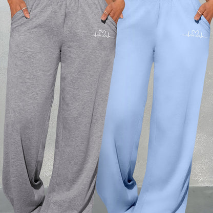 Conjunto de dos piezas con estampado geométrico de amor para mujer – Pantalones de cintura alta y pierna ancha