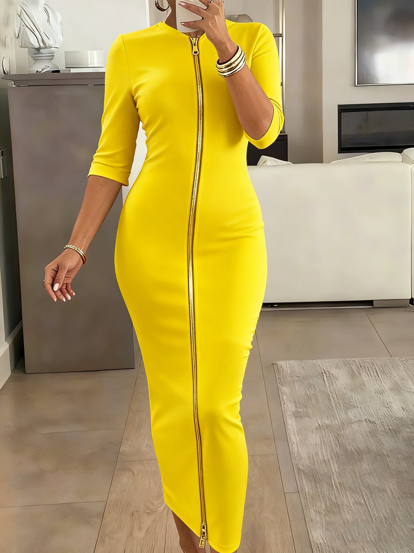 Vestido midi ajustado con cuello barco – Vestido elegante de manga corta con corte entallado
