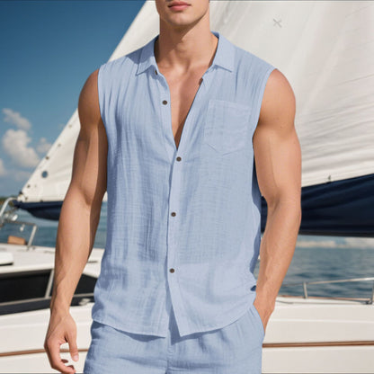 Men’s Linen Sleeveless Shirt – Open Lapel Summer Layer